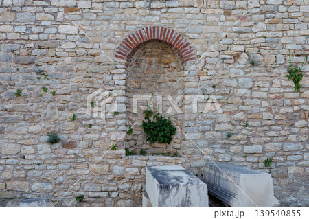Ancient stone wall with arched niche and green vegetation in ruins Ancient stone wall with arched niche and green vegetation in ruins 139540855