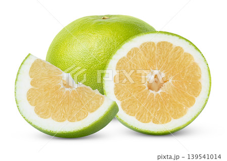 Citrus pomelit, pomelo, oroblanco or citrus sweetie fruit with half isolated. Juicy green grapefruit sweetie with half of citrus sweetie fruit with clipping path. 139541014
