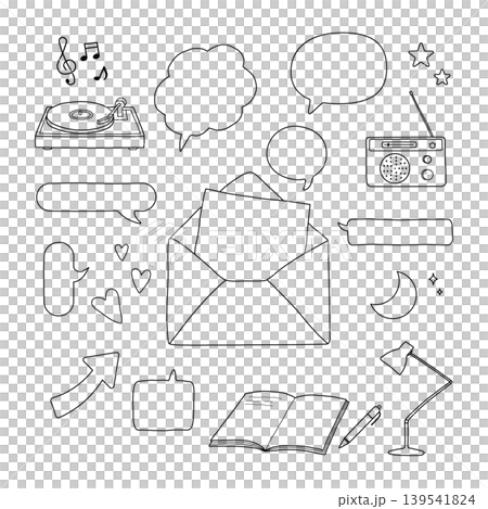 對話氣泡與類比通訊資料套裝（信件、筆記本、收音機、聲音） 139541824