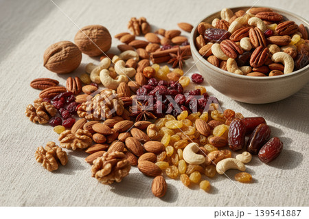 Assortment of healthy mixed nuts, dried fruits, and spices Assortment of healthy mixed nuts, dried fruits, and spices 139541887