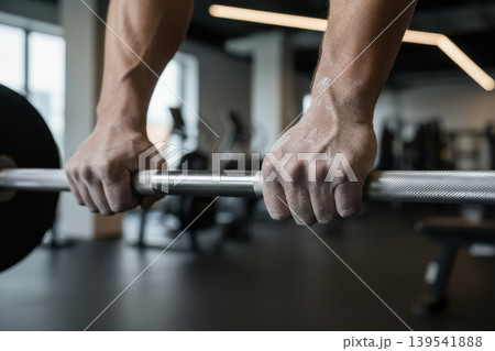 Mans chalked hands gripping a barbell in a gym Mans chalked hands gripping a barbell in a gym 139541888