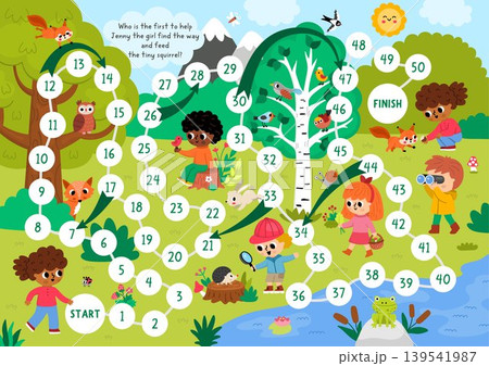 Woodland board game for children with nature scene and girl going to feed the squirrel. Forest explorers printable activity, boardgame, worksheet with animals, kids, trees, plants Woodland board game for children with nature scene and girl going to feed the squirrel. Forest explorers printable activity, boardgame, worksheet with animals, kids, trees, plants 139541987