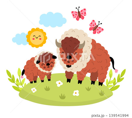 Vector bison with baby on lawn under sun. Cute cartoon woodland family scene illustration for kids. Forest animals on natural background. Colorful flat mother and baby picture for children Vector bison with baby on lawn under sun. Cute cartoon woodland family scene illustration for kids. Forest animals on natural background. Colorful flat mother and baby picture for children 139541994