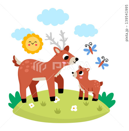 Vector deer with baby on lawn under sun. Cute cartoon woodland family scene illustration for kids. Forest animals on natural background. Colorful flat mother and baby picture for children 139541995
