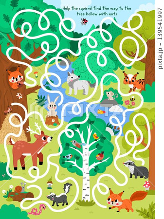 Forest animals maze for children with nature scene, squirrel searching way to tree hollow with nut. Detailed labyrinth game. Woodland printable activity, worksheet with deer, wolf, birds Forest animals maze for children with nature scene, squirrel searching way to tree hollow with nut. Detailed labyrinth game. Woodland printable activity, worksheet with deer, wolf, birds 139541997