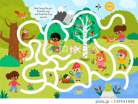 Forest animals maze for children with nature scene, girl going to feed squirrel. Detailed labyrinth game. Woodland printable activity, worksheet with kids explorers, woods, trees, birds, birdwatcher 139541999