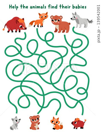 Forest animals maze for children with mothers and babies. Simple labyrinth game. Woodland printable activity, worksheet with parents boar, fox, bear, wolf and kids 139542001