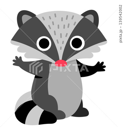 Vector cartoon baby raccoon sitting with acorn isolated on white background. Funny little animalistic clipart. Cute forest animal child icon for kids. Flat woodland element. Woods wildlife Vector cartoon baby raccoon sitting with acorn isolated on white background. Funny little animalistic clipart. Cute forest animal child icon for kids. Flat woodland element. Woods wildlife 139542002