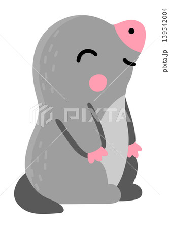Vector cartoon baby mole popping out the pile of ground with worm clipart isolated on white background. Cute forest animal little child icon for kids. Flat woodland illustration Vector cartoon baby mole popping out the pile of ground with worm clipart isolated on white background. Cute forest animal little child icon for kids. Flat woodland illustration 139542004