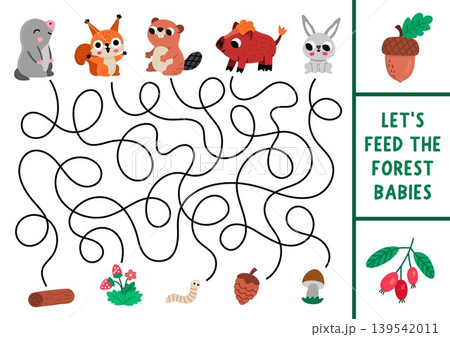 Forest maze for children with baby animals and food. Simple labyrinth game. Woodland printable activity, worksheet with little mole, squirrel, beaver, hare, boar. Feed the kids Forest maze for children with baby animals and food. Simple labyrinth game. Woodland printable activity, worksheet with little mole, squirrel, beaver, hare, boar. Feed the kids 139542011