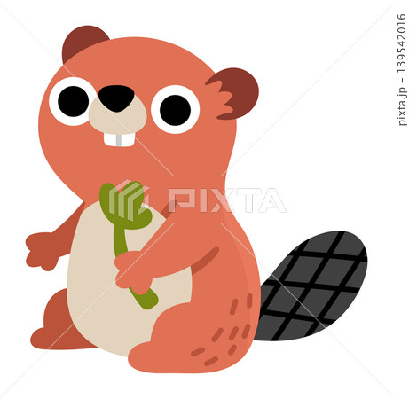 Vector cartoon little brown beaver nibbling wood log isolated on white background. Funny animalistic clipart. Cute forest animal child icon for kids. Flat woodland element. Woods wildlife Vector cartoon little brown beaver nibbling wood log isolated on white background. Funny animalistic clipart. Cute forest animal child icon for kids. Flat woodland element. Woods wildlife 139542016