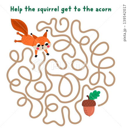 Forest animals maze for children with squirrel searching way to acorn. Simple round shaped labyrinth game. Woodland circled printable activity, worksheet Forest animals maze for children with squirrel searching way to acorn. Simple round shaped labyrinth game. Woodland circled printable activity, worksheet 139542017