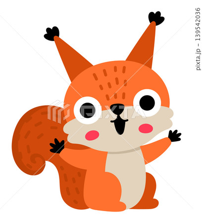 Vector cartoon baby squirrel sitting with nut isolated on white background. Funny little animalistic clipart. Cute forest animal child icon for kids. Flat woodland element. Woods illustration Vector cartoon baby squirrel sitting with nut isolated on white background. Funny little animalistic clipart. Cute forest animal child icon for kids. Flat woodland element. Woods illustration 139542036