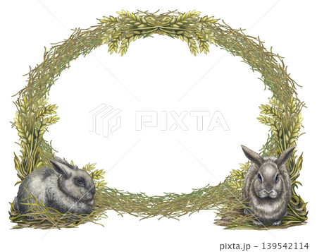 Watercolor rabbit frame with wheat and hay in a soft oval composition. Two bunnies create a balanced rustic border, perfect for invitations, packaging, branding, stationery, and organic or farm design Watercolor rabbit frame with wheat and hay in a soft oval composition. Two bunnies create a balanced rustic border, perfect for invitations, packaging, branding, stationery, and organic or farm design 139542114