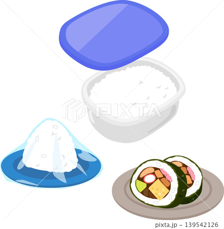 保存容器に入れたご飯とラップをかけたおにぎりと巻き寿司 139542126