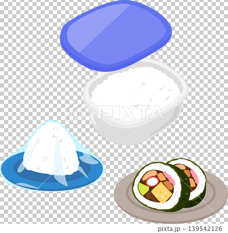 儲存容器裡的米飯、用保鮮膜包裹的飯糰和壽司捲。 139542126