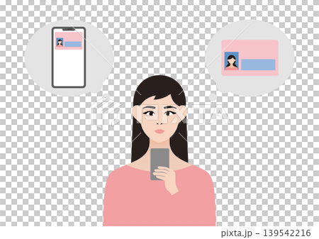 一位女士使用智慧型手機存取她的個人號碼卡的向量插圖。 一位女士使用智慧型手機存取她的個人號碼卡的向量插圖。 139542216