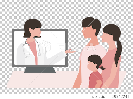 Vector illustration of a girl and her parents during an online medical consultation, and a female doctor explaining medical conditions. Vector illustration of a girl and her parents during an online medical consultation, and a female doctor explaining medical conditions. 139542241