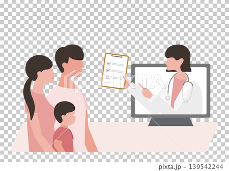 Vector illustration of a boy and his parents during an online medical consultation, and a female doctor showing them a checklist. Vector illustration of a boy and his parents during an online medical consultation, and a female doctor showing them a checklist. 139542244