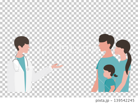 Vector illustration of a girl, her parents, and a doctor explaining medical conditions. 139542245