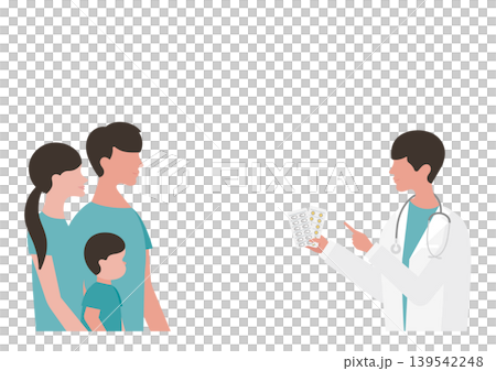 Vector illustration of a boy, his parents, and a doctor explaining medication. Vector illustration of a boy, his parents, and a doctor explaining medication. 139542248