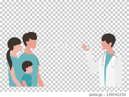 男孩與父母和醫生一起做出OK手勢的向量插圖。 男孩與父母和醫生一起做出OK手勢的向量插圖。 139542250