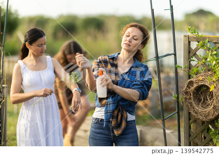 Women spray mosquito repellent on their legs and arms while working in farm and garden Women spray mosquito repellent on their legs and arms while working in farm and garden 139542775