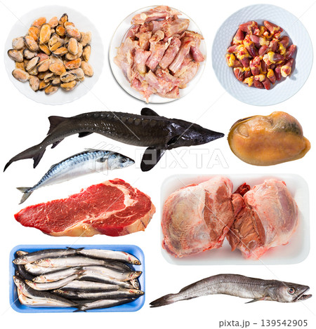 Collage of raw products isolated on white Collage of raw products isolated on white 139542905