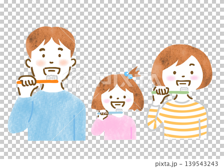 An illustration of a family of three brushing their teeth. 139543243