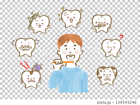 A set of illustrations of a man brushing his teeth and a tooth character. A set of illustrations of a man brushing his teeth and a tooth character. 139543246