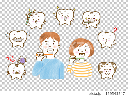 歯磨きしている男女と歯のキャラクターのイラストセット 歯磨きしている男女と歯のキャラクターのイラストセット 139543247