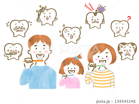 歯磨きいている3人家族と歯のキャラクターのイラストセット 139543248