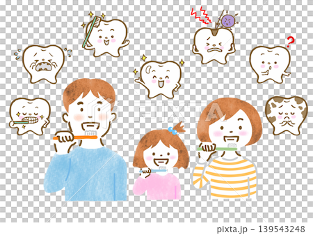 歯磨きいている3人家族と歯のキャラクターのイラストセット 139543248