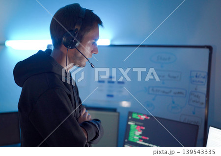 Software developer analyzing code on computer monitors while wearing headset in dark workspace Software developer analyzing code on computer monitors while wearing headset in dark workspace 139543335