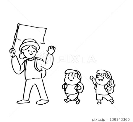 楽しく歩く先生とこども達の手描きイラスト 遠足 笑顔 楽しく歩く先生とこども達の手描きイラスト 遠足 笑顔 139543360