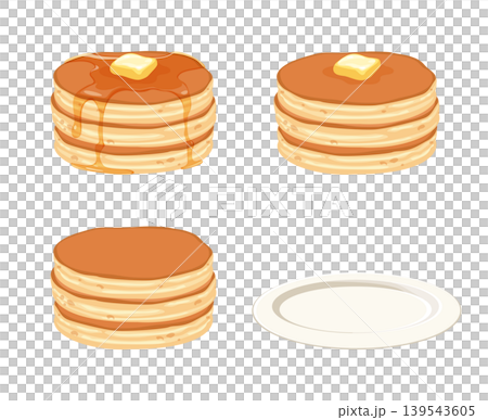 レトロ可愛い分厚い3段のホットケーキ バター、メープルシロップ、お皿のイラストセット レトロ可愛い分厚い3段のホットケーキ バター、メープルシロップ、お皿のイラストセット 139543605
