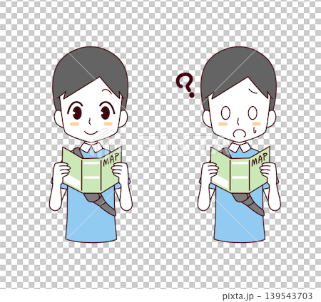 A set of two illustrations of a man looking at a paper map. A set of two illustrations of a man looking at a paper map. 139543703
