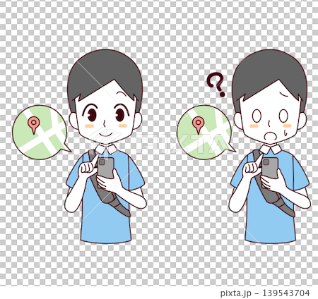 A set of two illustrations of a man looking at a map on his smartphone. A set of two illustrations of a man looking at a map on his smartphone. 139543704