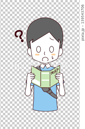 紙の地図を持ちながら迷子になっている男性のイラスト 紙の地図を持ちながら迷子になっている男性のイラスト 139543706