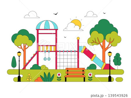 Playground Vector Illustration Featuring Colorful Kids Park With Slide Swing Climbing Frame and Outdoor Recreation Area Design 139543926