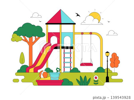 Playground Vector Illustration Featuring Colorful Kids Park With Slide Swing Climbing Frame and Outdoor Recreation Area Design 139543928