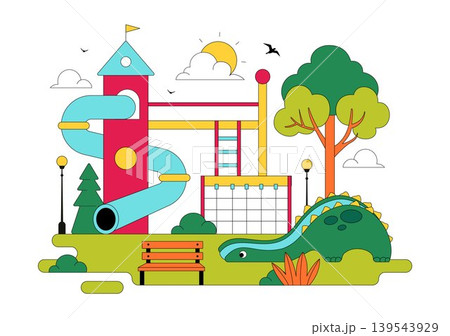 Playground Vector Illustration Featuring Colorful Kids Park With Slide Swing Climbing Frame and Outdoor Recreation Area Design 139543929