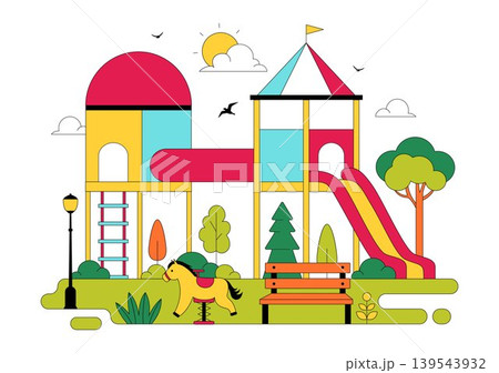 Playground Vector Illustration Featuring Colorful Kids Park With Slide Swing Climbing Frame and Outdoor Recreation Area Design 139543932