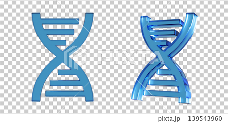 DNAの螺旋構造のフラットなアイコンの3Dイラスト。透明感のある青いガラスのような質感のマーク DNAの螺旋構造のフラットなアイコンの3Dイラスト。透明感のある青いガラスのような質感のマーク 139543960