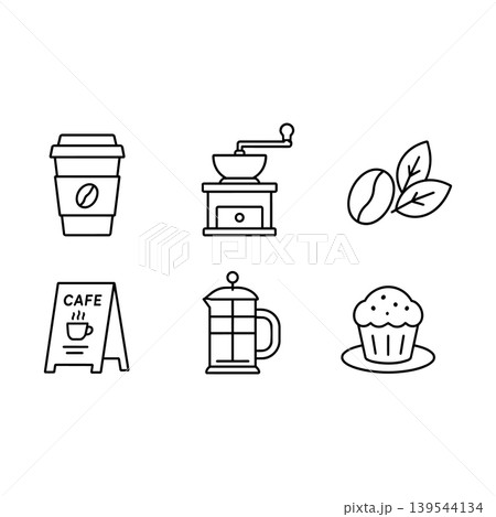 コーヒーショップ向け線画アイコン テイクアウトとカフェ雑貨セット 139544134