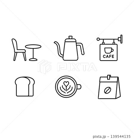 コーヒーショップ向け線画アイコン カフェ設備とドリンクセット 139544135