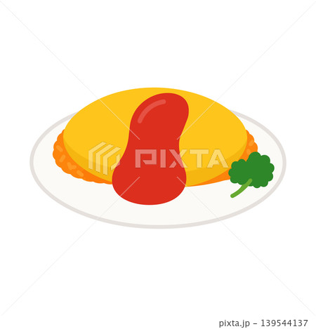 オムライス フラットベクター ケチャップ付き洋食イラスト素材 オムライス フラットベクター ケチャップ付き洋食イラスト素材 139544137