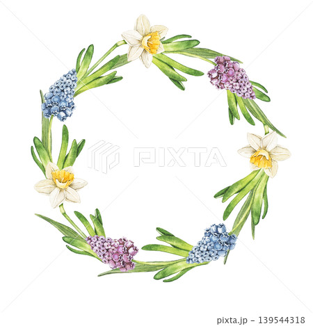 Watercolor round wreath with daffodil, muscari and hyacinth flowers arranged in elegant botanical composition. Spring illustration for invitations, stationery and seasonal packaging. Watercolor round wreath with daffodil, muscari and hyacinth flowers arranged in elegant botanical composition. Spring illustration for invitations, stationery and seasonal packaging. 139544318