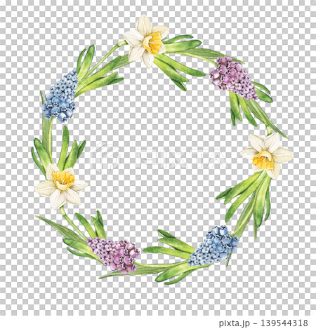 Watercolor round wreath with daffodil, muscari and hyacinth flowers arranged in elegant botanical composition. Spring illustration for invitations, stationery and seasonal packaging. Watercolor round wreath with daffodil, muscari and hyacinth flowers arranged in elegant botanical composition. Spring illustration for invitations, stationery and seasonal packaging. 139544318