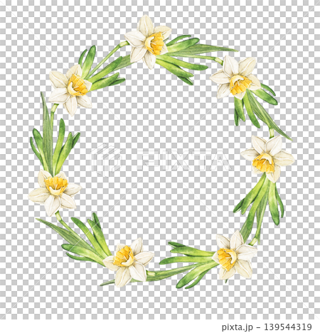 Watercolor round wreath with blooming daffodil flowers and green leaves. Elegant botanical illustration for invitations, greeting cards, packaging and seasonal spring stationery. Watercolor round wreath with blooming daffodil flowers and green leaves. Elegant botanical illustration for invitations, greeting cards, packaging and seasonal spring stationery. 139544319